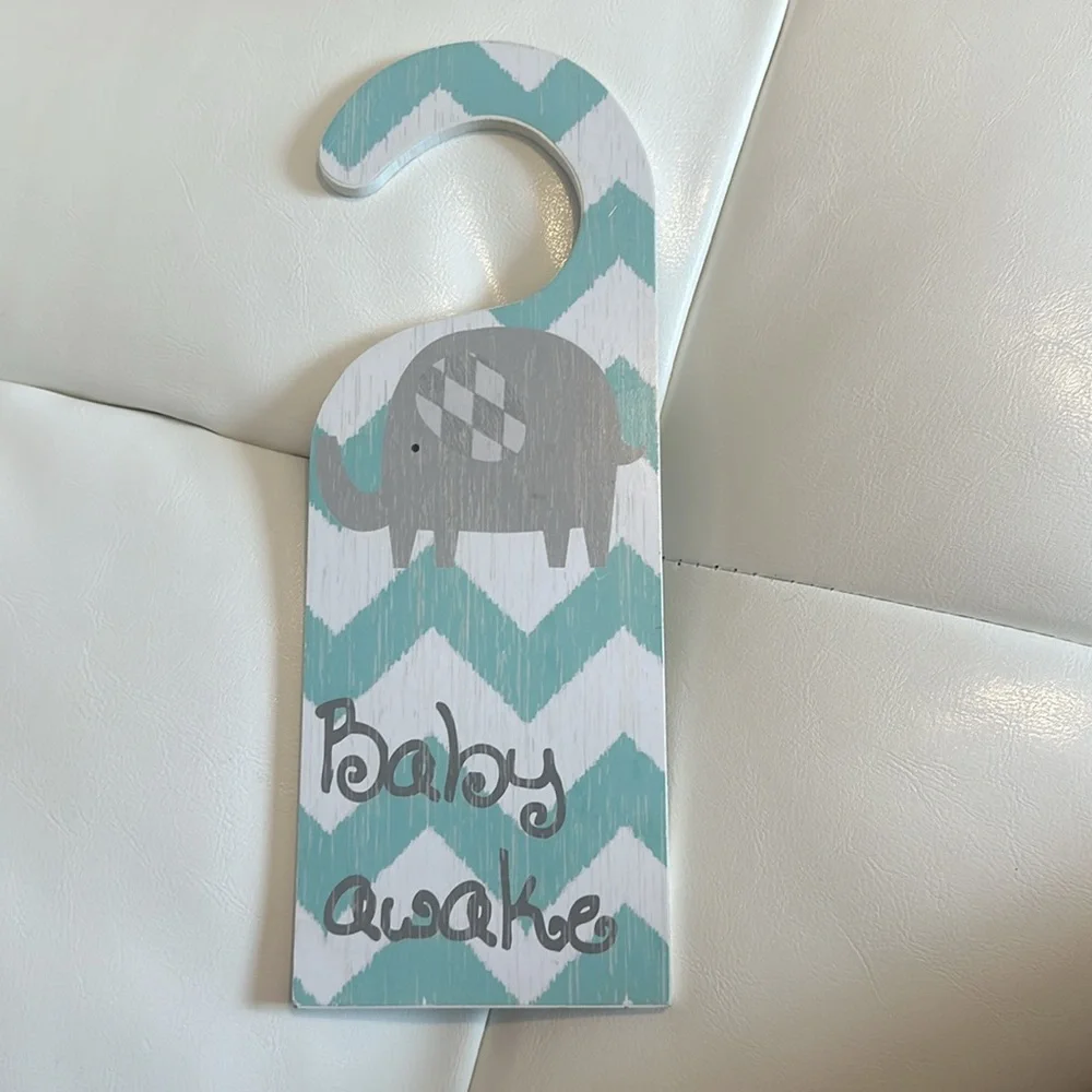 🍼 Baby Awake Baby Sleeping Door Elephant    Hanger Teal White Newborn Baby Sign